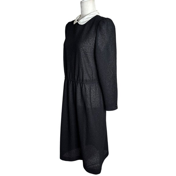 Vintage 70s Long Sleeve Knit Dress Medium Sheer Black Peter Pan Collar Zipper - Picture 3 of 9